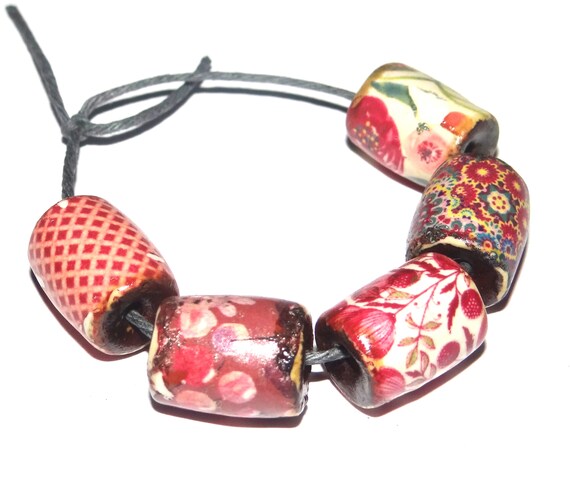 Ceramic Patterned Floral Barrel Beads Handmade 15mm