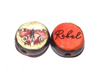 1 Ceramic Two Sided Quote Bead Butterfly Porcelain Handmade  16-18mm PP6-1