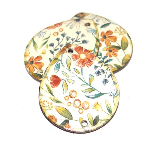 1 Ceramic Flower Double Sided Pendant Handmade Focal Porcelain 45mm CC5-3