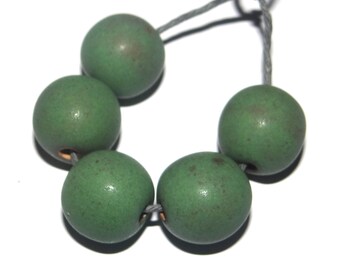 Ceramic Bead Set Green Satin Matte Handmade 13mm