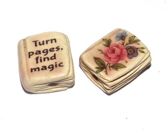 Ceramic Book Bead Focal Handmade Rustic Floral Quote Word Sculpture Porcelain 22mm