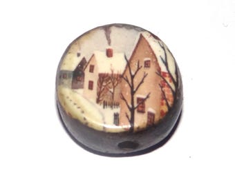 Ceramic A Snowy Village Focal Bead Handmade Pottery Beads 16mm PP7-4