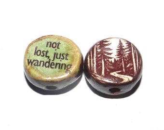 1 Ceramic Forest Double Sided Quote Bead Porcelain Handmade 13mm BB9-3