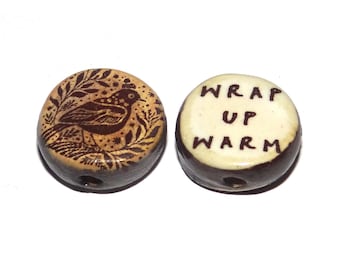 1 Ceramic Christmas Winter Double Sided Quote Bead Porcelain Handmade 15mm BB5-3
