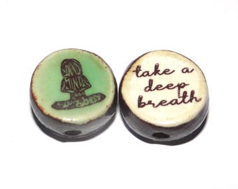1 Ceramic Two Sided Quote Bead Porcelain Handmade 18mm BB5-2