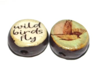 1 Ceramic Bird Double Sided Quote Bead Porcelain Handmade 15mm BB4-3