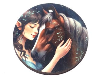 Wooden Two Sided Horse Pendant Porcelain Handmade 30mm MM10-4