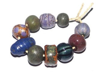 Ceramic Bead Set Textured Glazed Pottery Clay Handmade 8-15mm