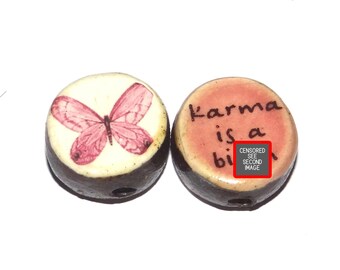 1 Ceramic Double Sided Quote Bead Porcelain Handmade Adult 19mm BB2-2