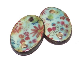 Ceramic Floral Patterned Oval Charms Beads Pair Porcelain 23mm PP1-4