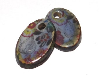 Ceramic Patterned Earring Charms Pair Beads Handmade Rustic 18mm CC1-2