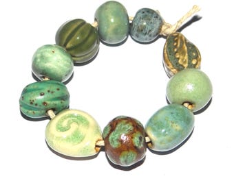 Ceramic Bead Set Patterned Textured Handmade Porcelain 8-15mm