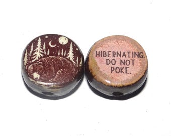 1 Ceramic Bear Double Sided Quote Bead Porcelain Handmade 13mm BB5-4