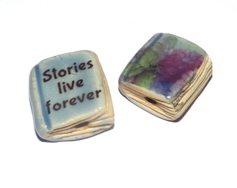 Ceramic Book Bead Focal Handmade Rustic Floral Quote Word Sculpture Porcelain 22mm