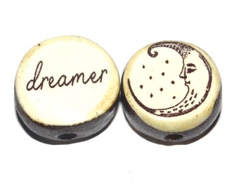 1 Ceramic Moon Bead Double Sided Quote Beads Porcelain Handmade  20mm