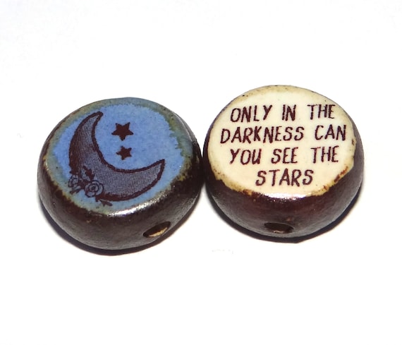 1 Ceramic Double Sided Quote Bead Porcelain Handmade 18mm Moon Stars PP6-2