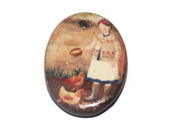 Ceramic Feeding Chickens Pendant Handmade Focal Porcelain 30mm CC4-2