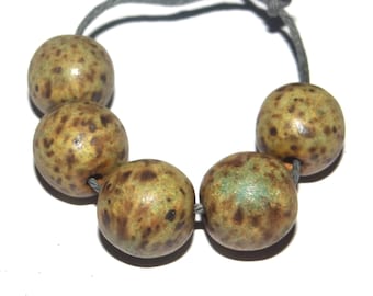 Ceramic Bead Set Ochre Speckled Handmade 12mm