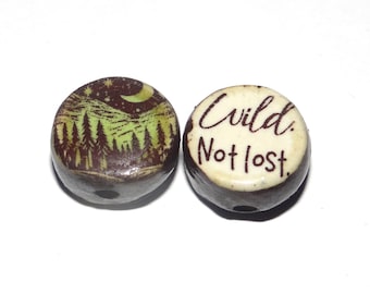 1 Ceramic Forest Double Sided Quote Bead Porcelain Handmade 13mm BB9-4
