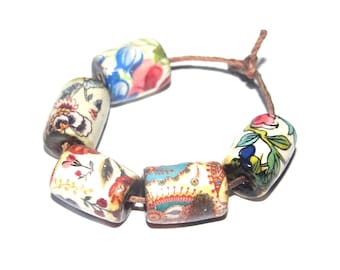 Ceramic Barrel Bead Set Handmade Porcelain 13mm