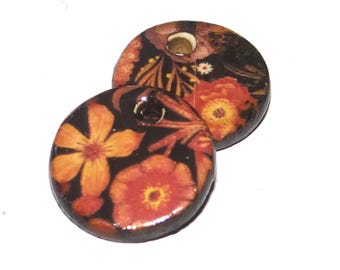 Ceramic Floral Patterned Charms Earring Bead Pair 16mm PP5-4
