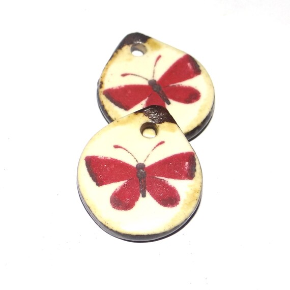 Ceramic Butterfly Earring Charms Pair Beads Handmade Rustic 18mm/0.7" CC1-4