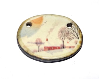 Ceramic Winter Countryside Pendant Handmade Focal Porcelain 30mm CC4-1