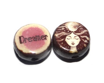 1 Ceramic Dreamer Double Sided Quote Bead Porcelain Handmade 13mm BB5-1