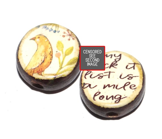 1 Ceramic Double Sided Quote Bead Porcelain Handmade 25mm 1" Bird PP4-1