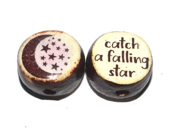 1 Ceramic Moon Star Double Sided Quote Bead Handmade 13mm BB4-3