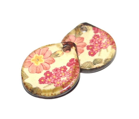Ceramic Floral Earring Charms Pair Beads Handmade Rustic 18mm