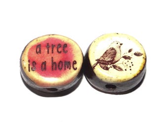 1 Ceramic Double Sided Quote Bead Porcelain Handmade 15mm BB6-4