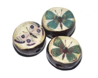 Ceramic Butterfly Bead Trio Beads Porcelain Handmade 14mm BB9-2