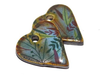 Ceramic Heart Floral Patterned Charms Earring Bead Pair 18mm PP4-3