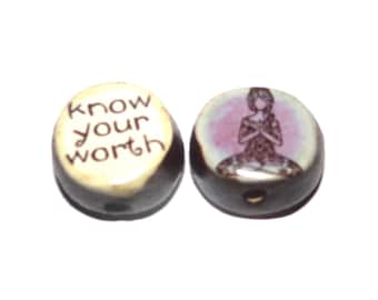 1 Ceramic Yoga Worth Double Sided Quote Bead Porcelain Handmade 13mm BB5-1