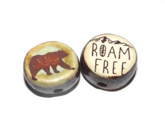1 Ceramic Bear Double Sided Quote Bead Porcelain Handmade 13mm BB8-1