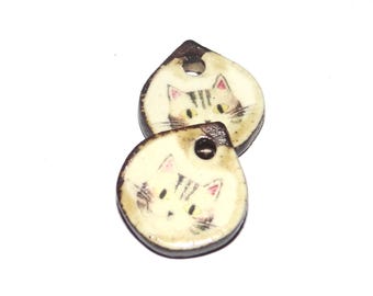 Ceramic Cat Charms Beads Pair Handmade 14mm PP2-3
