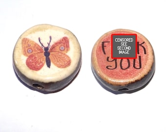 1 Ceramic Double Sided Quote Bead Porcelain Handmade Adult 24mm CC4-4