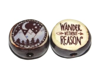 1 Ceramic Mountains Double Sided Quote Bead Porcelain Handmade 15mm BB3-4