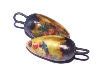 Ceramic Drop Charms Floral Patterned Earring Bead Pair 25mm CC3-1