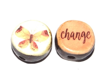 1 Ceramic Two Sided Quote Bead Butterfly Porcelain Handmade  16-18mm BB4-2
