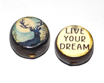 1 Ceramic Double Sided Quote Bead Porcelain Handmade  20mm PP2-3