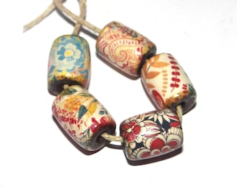 Ceramic Floral Bead Set Handmade Porcelain 13mm
