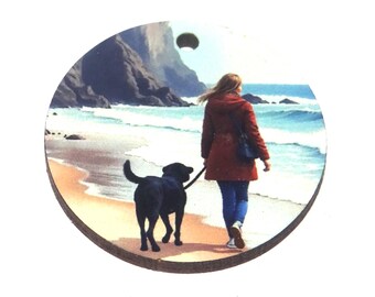 Wooden Two Sided Dog Walker Pendant Porcelain Handmade 30mm MM10-4