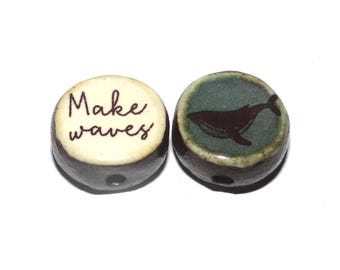 1 Ceramic Rain Double Sided Quote Bead Porcelain Handmade 13mm BB7-4