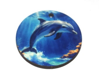 Wooden Two Sided Dolphin Pendant Handmade 30mm MM10-1