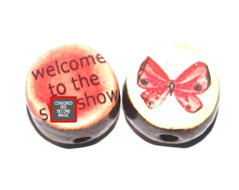 1 Ceramic Double Sided Quote Bead Porcelain Handmade Adult 19mm BB2-3