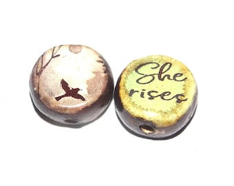 1 Ceramic Two Sided Quote Bead Bird Porcelain Handmade  16-18mm PP6-1