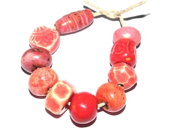 Ceramic Bead Set Textured Glazed Pottery Clay Handmade 8-15mm