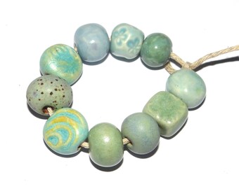 Ceramic Bead Set Textured Glazed Pottery Clay Handmade 8-15mm